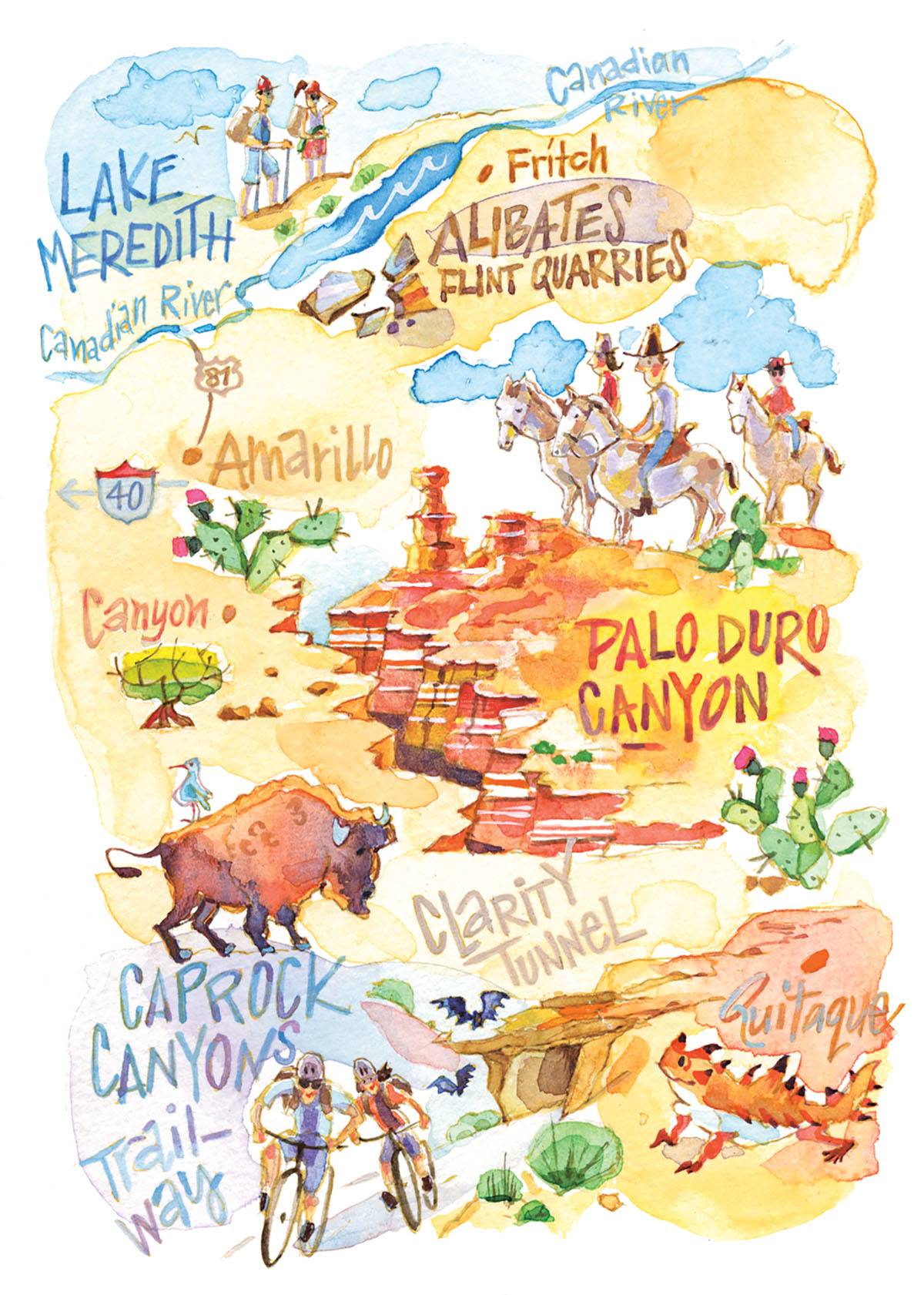 An illustrated map showing the areas of the journey_ Lake Meridth and the Canadian River, Flint Quarries, Amarillo, Palo Duro Canyon, Caprock Canyons, Clarity Tunnel, Quitaque