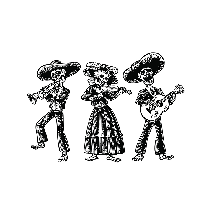 An illustration of three skeletons playing guitars