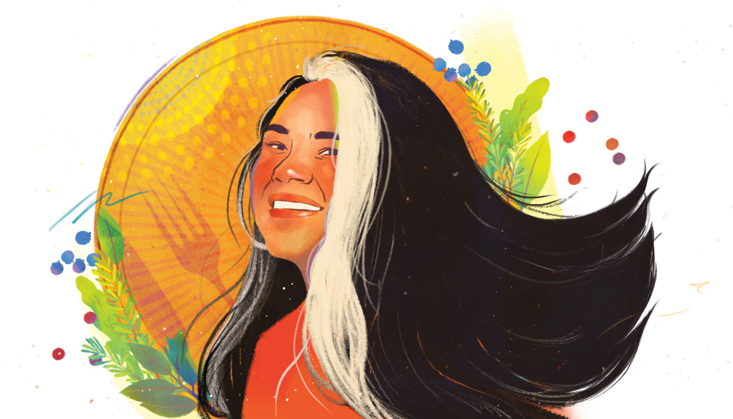 An illustration of a woman with long black hair with a silver streak smiling in front of an oarnge, green and blue background